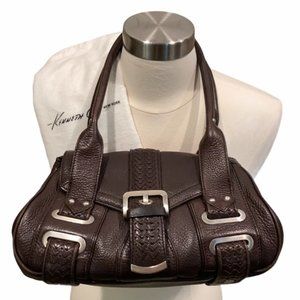 Kenneth Cole Satchel Leather Bag Dark Chocolate Brown with Silver Toned Accents